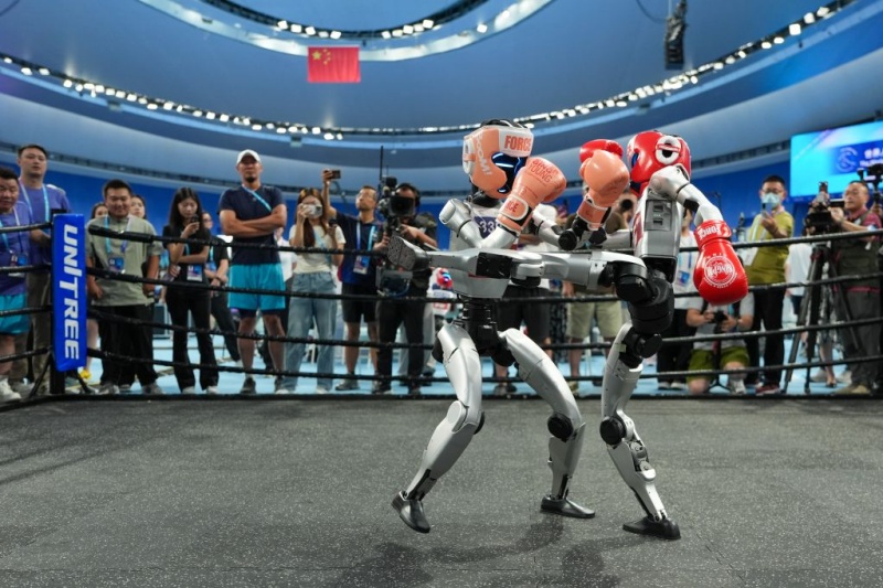 Des robots humanoïdes s'affrontent lors d'un match de kick-boxing aux Jeux mondiaux des robots humanoïdes 2025 à Beijing, capitale de la Chine, le 15 août 2025. (Ju Huanzong/Xinhua)
